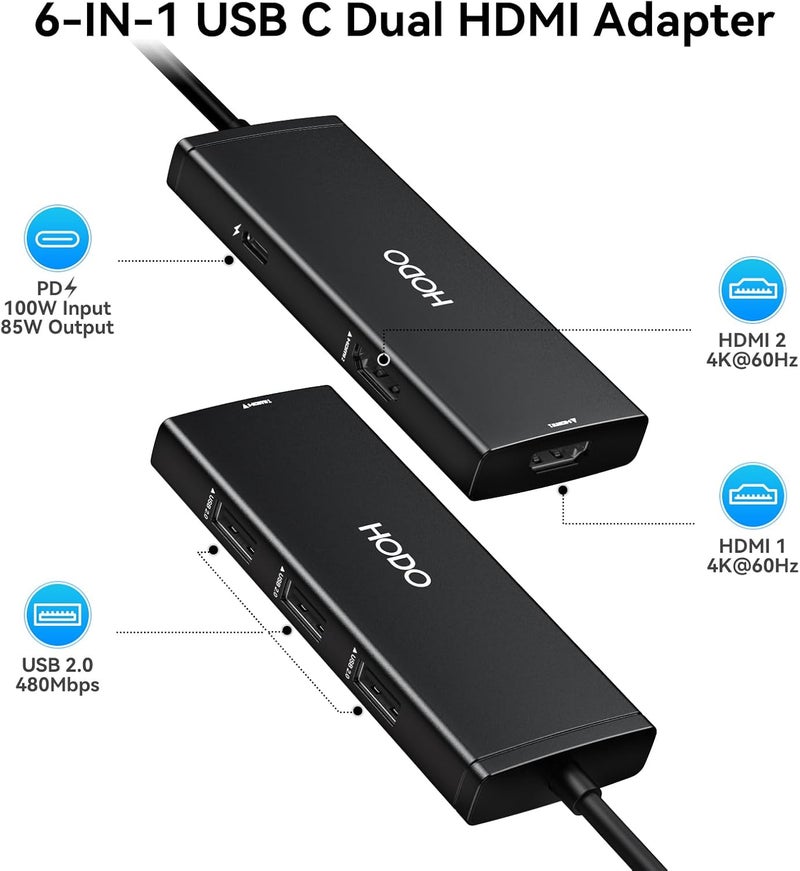 HOdo Docking Station USB C to Dual HDMI Adapter, USB-C Hub with 2 Monitors for Laptop, Dongle Adapter with Dual HDMI 4K@60 Hz, 3 USB Port,PD Compatible for Dell XPS 13/15, etc (Black) - Image 2